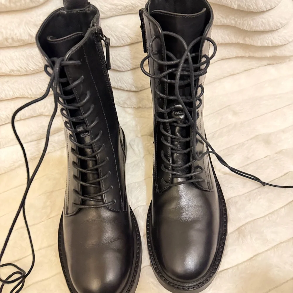 Tory Burch Black Leather Lace-Up Combat Boots with Logo